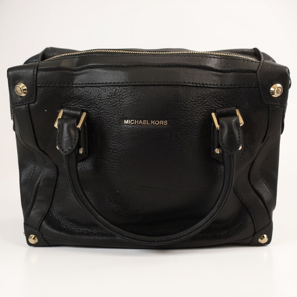 Michael Kors Taryn Black Leather Gold Studded Large Satchel Bag GUC!